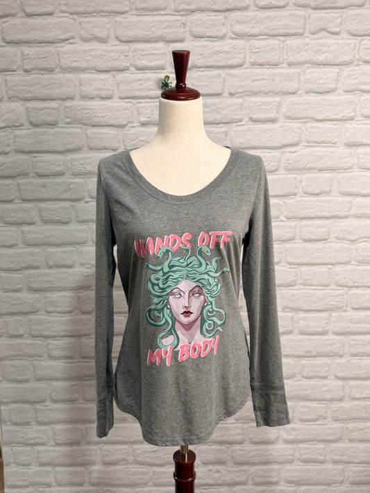 DoGoodly Up-cycled Long Sleeve Shirt, "Hands Off My Body" Print