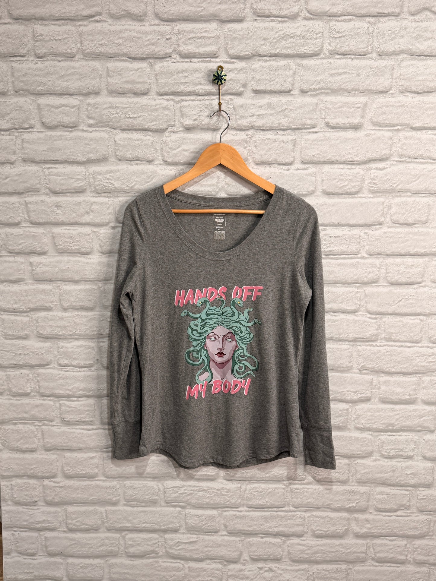 DoGoodly Up-cycled Long Sleeve Shirt, "Hands Off My Body" Print