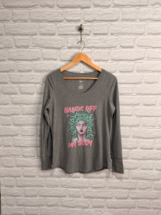 DoGoodly Up-cycled Long Sleeve Shirt, "Hands Off My Body" Print