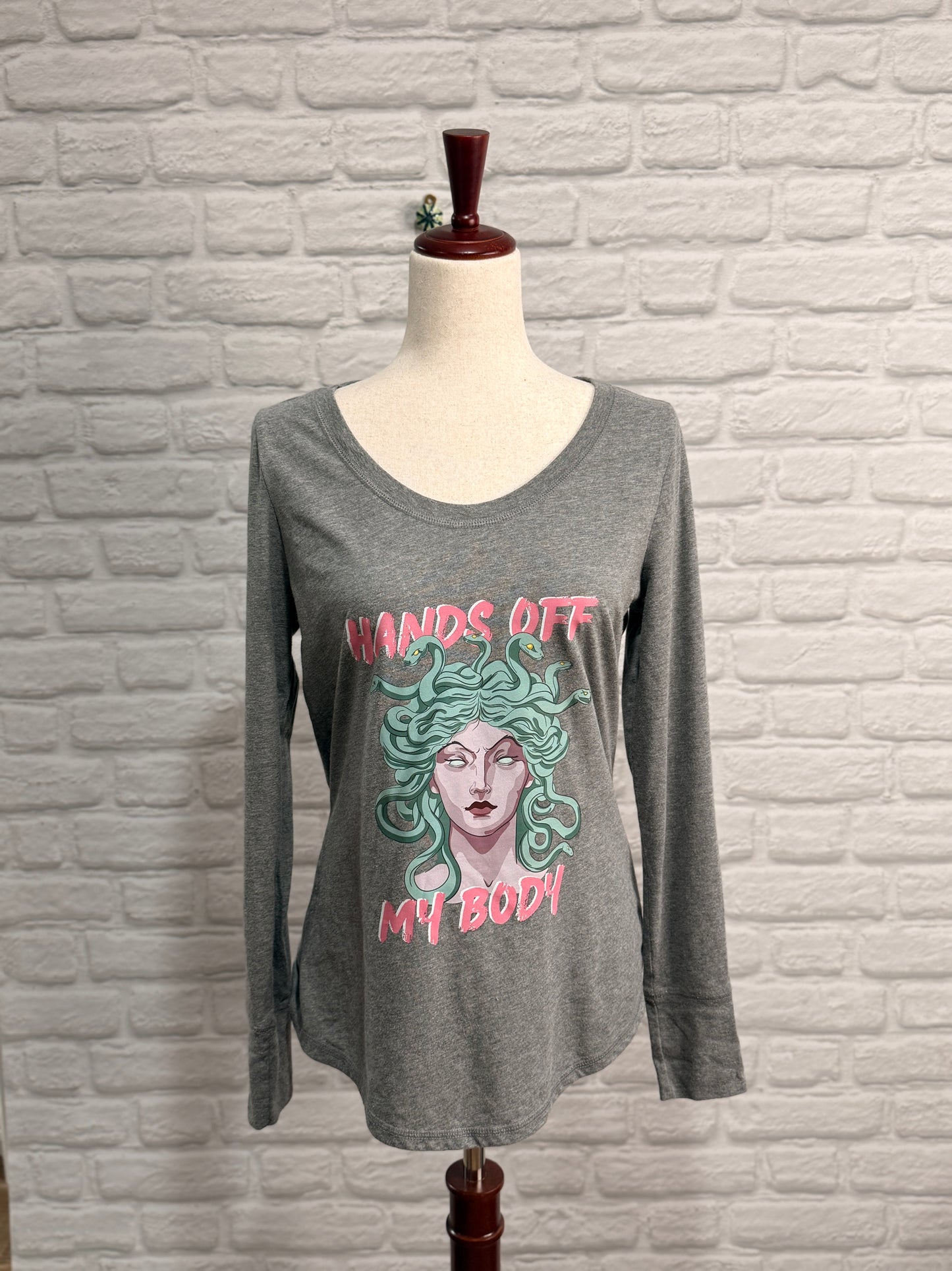 DoGoodly Up-cycled Long Sleeve Shirt, "Hands Off My Body" Print